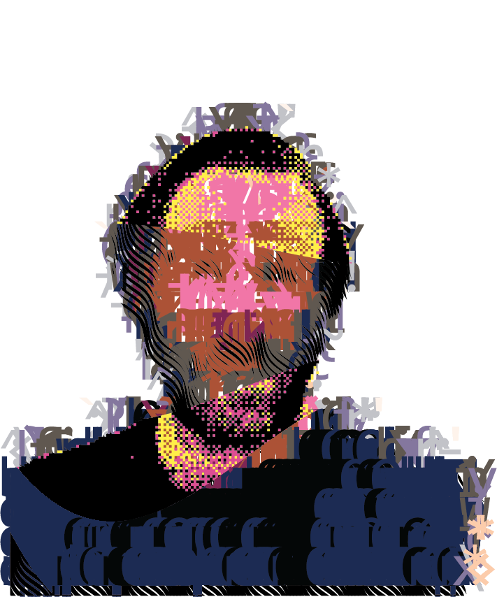 Portrait print built from halftone dots, pixel blocks and scattered type